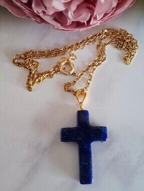 Vintage 80s ✨️✝️Blue Jade Cross Pendant Necklace